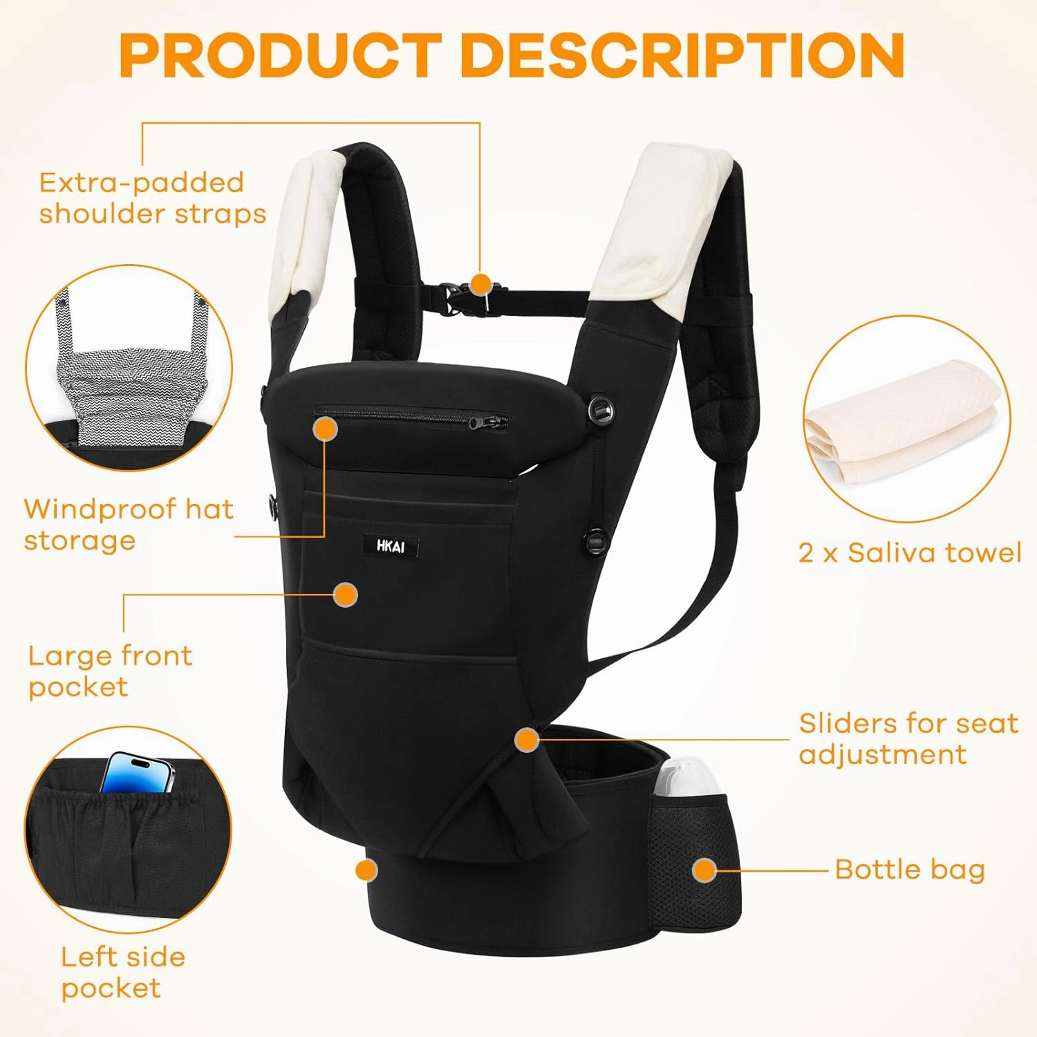 HKAI Baby Carrier for Newborn to Toddler - Multifunctional Pocket, Ergonomic Design, Comfortable Parenting and Lumbar Support for All-Position Infant Carrier (7-45lbs), Black