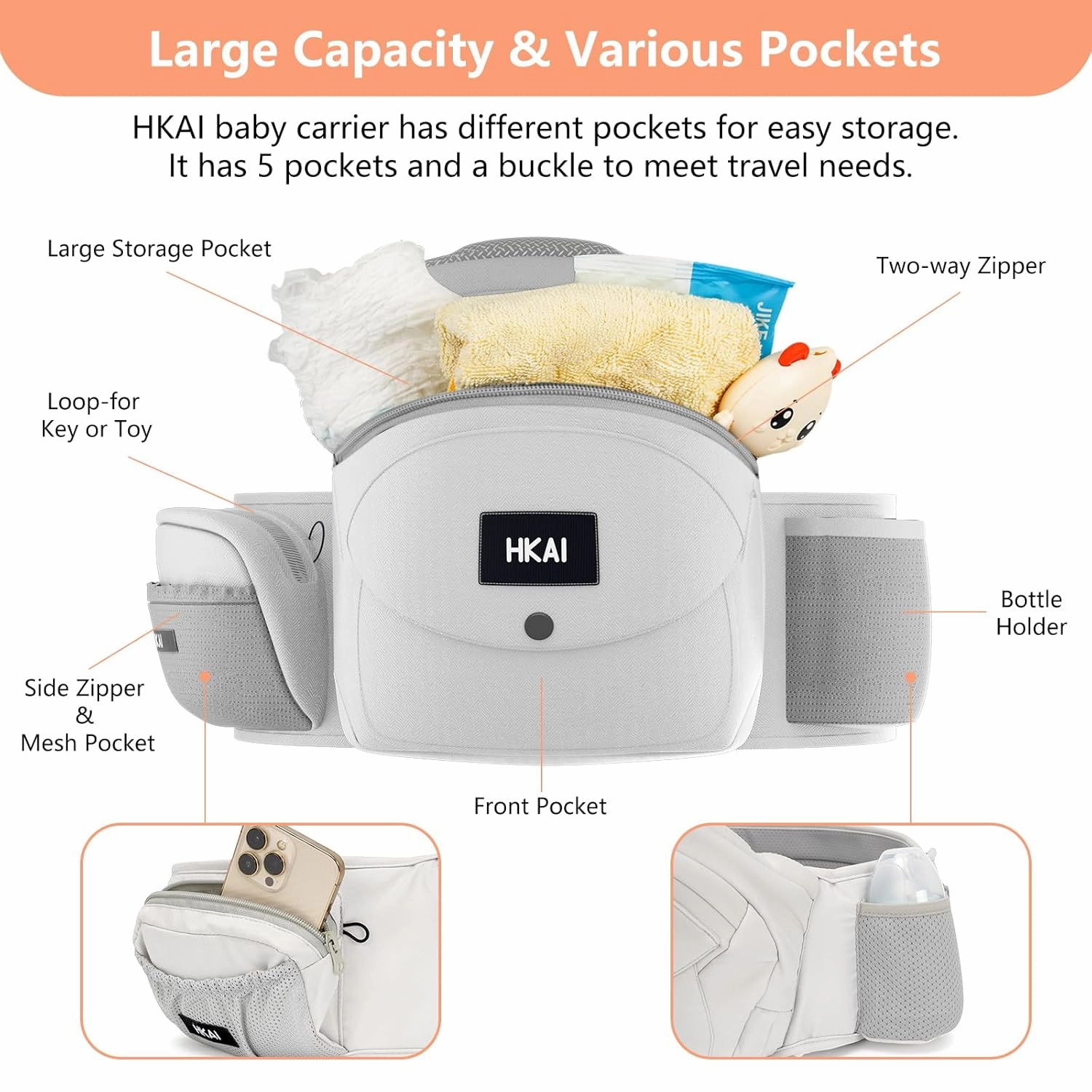 HKAI Baby Hip Carrier, Mom’s Choice Award Winner, Baby Carrier with Adjustable Waistband & Breathable Mesh, Ergonomic Carrier with Non-Slip Hip Seat Surface for Newborns & Toddlers, Light Grey