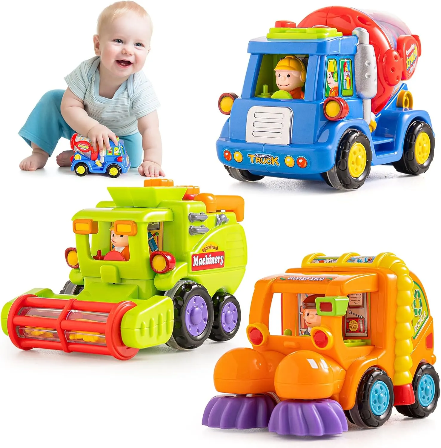 HOLA Toys for 1 2 3 Year Old Boy Birthday Gift - 3 PCS Friction-Powered Trucks Toddler Boy Toy, Sweeper Truck Toddler Toys 1-2 Early Educational Baby Christmas Birthday Stuffer