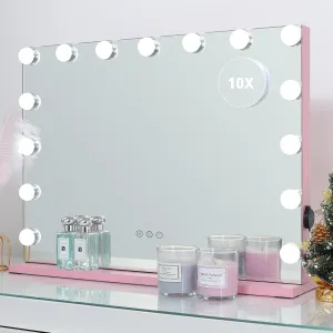 HOMPEN Vanity Mirror Makeup Mirror with Lights,Large Hollywood Lighted Vanity Mirror with 15 Dimmable LED Bulbs,3 Color Modes, Touch Control for Dressing Room & Bedroom, Tabletop or Wall-Mounted, Pink
