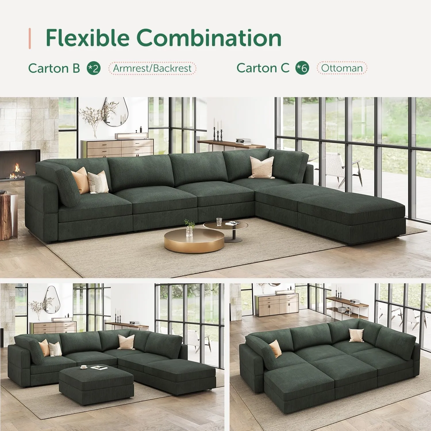 HONBAY Modular Sectional Couch with Storage Corduroy Sectional Sofa with Chaise U Shaped Sectional Couches for Living Room,Green