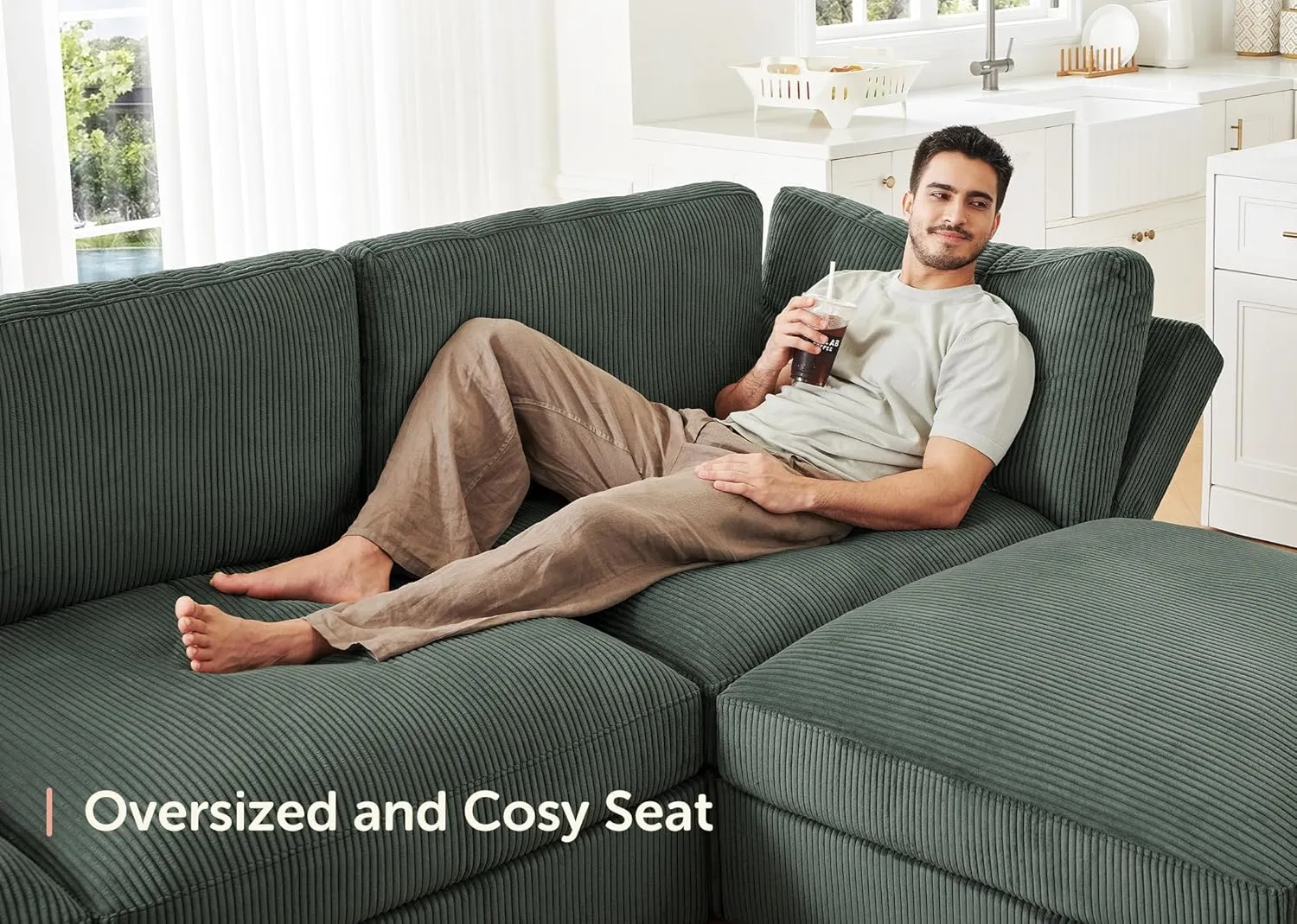 HONBAY Modular Sectional Couch with Storage Corduroy Sectional Sofa with Chaise U Shaped Sectional Couches for Living Room,Green