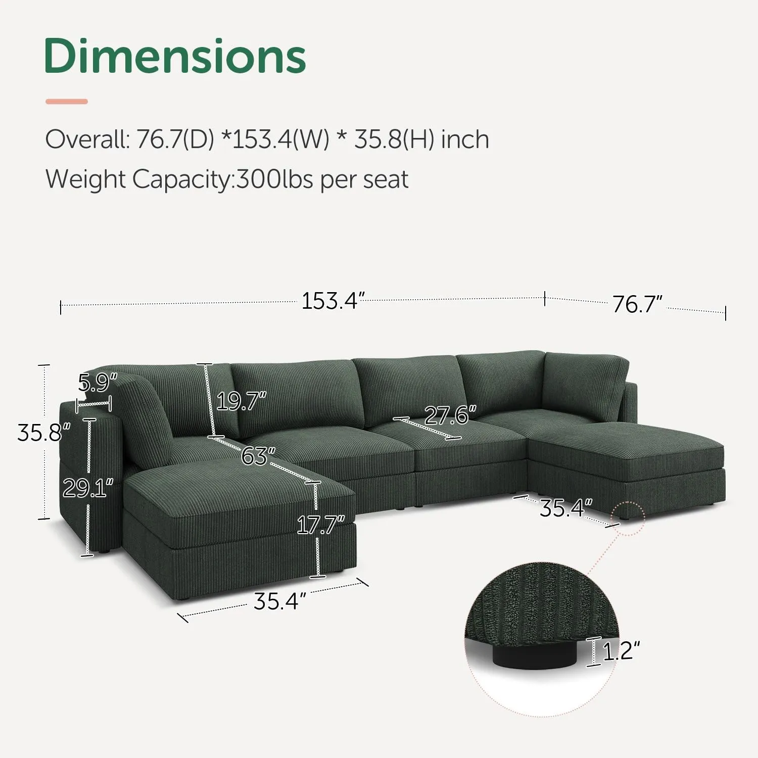 HONBAY Modular Sectional Couch with Storage Corduroy Sectional Sofa with Chaise U Shaped Sectional Couches for Living Room,Green