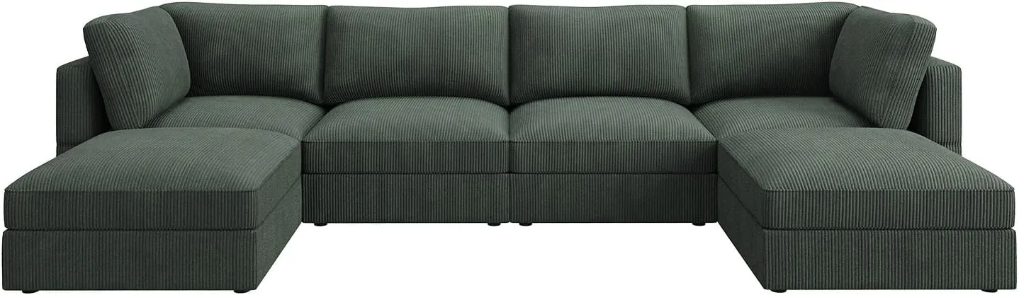 HONBAY Modular Sectional Couch with Storage Corduroy Sectional Sofa with Chaise U Shaped Sectional Couches for Living Room,Green