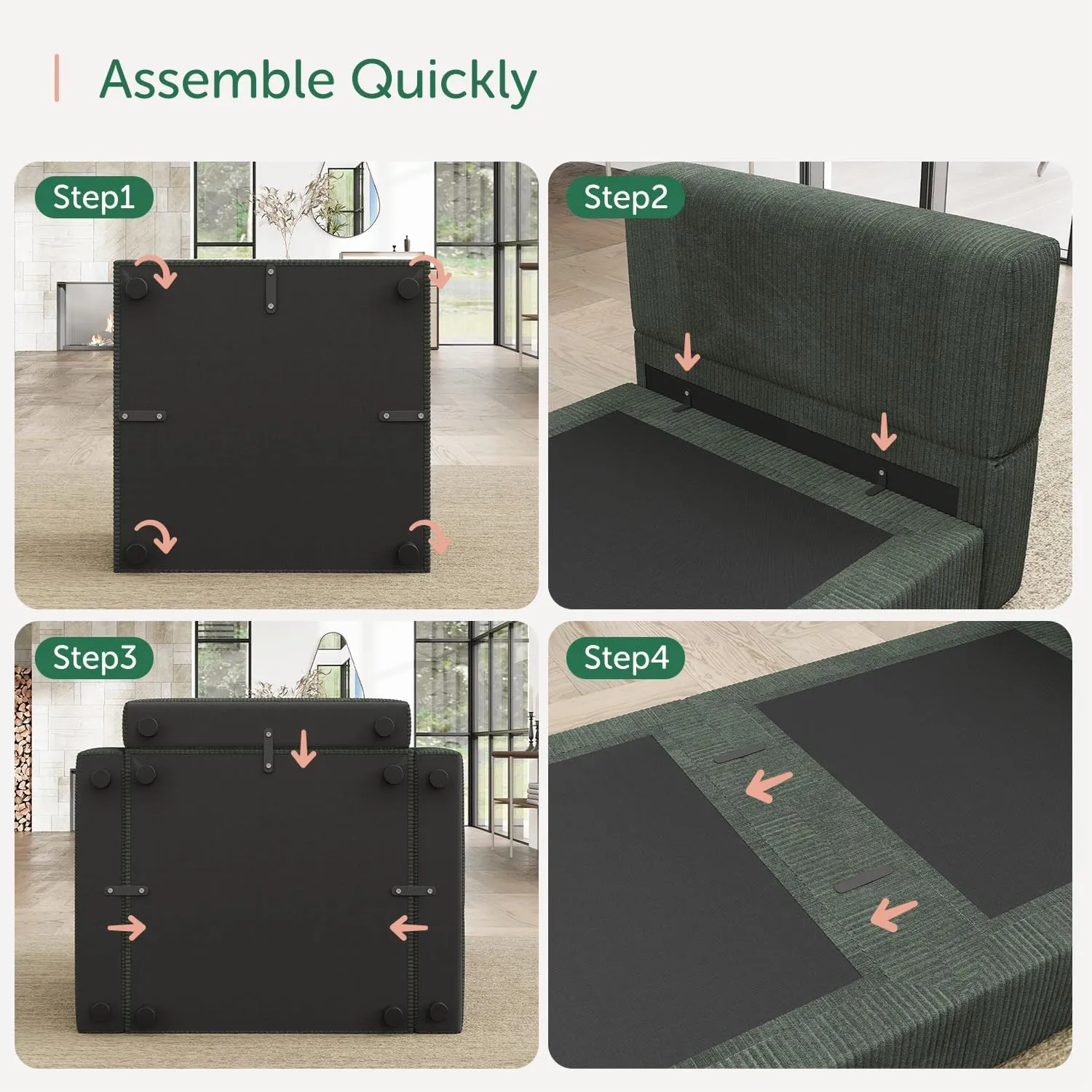 HONBAY Modular Sectional Couch with Storage Corduroy Sectional Sofa with Chaise U Shaped Sectional Couches for Living Room,Green