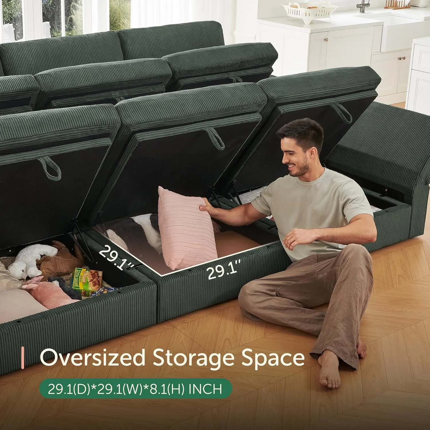 HONBAY Modular Sectional Couch with Storage Corduroy Sectional Sofa with Chaise U Shaped Sectional Couches for Living Room,Green
