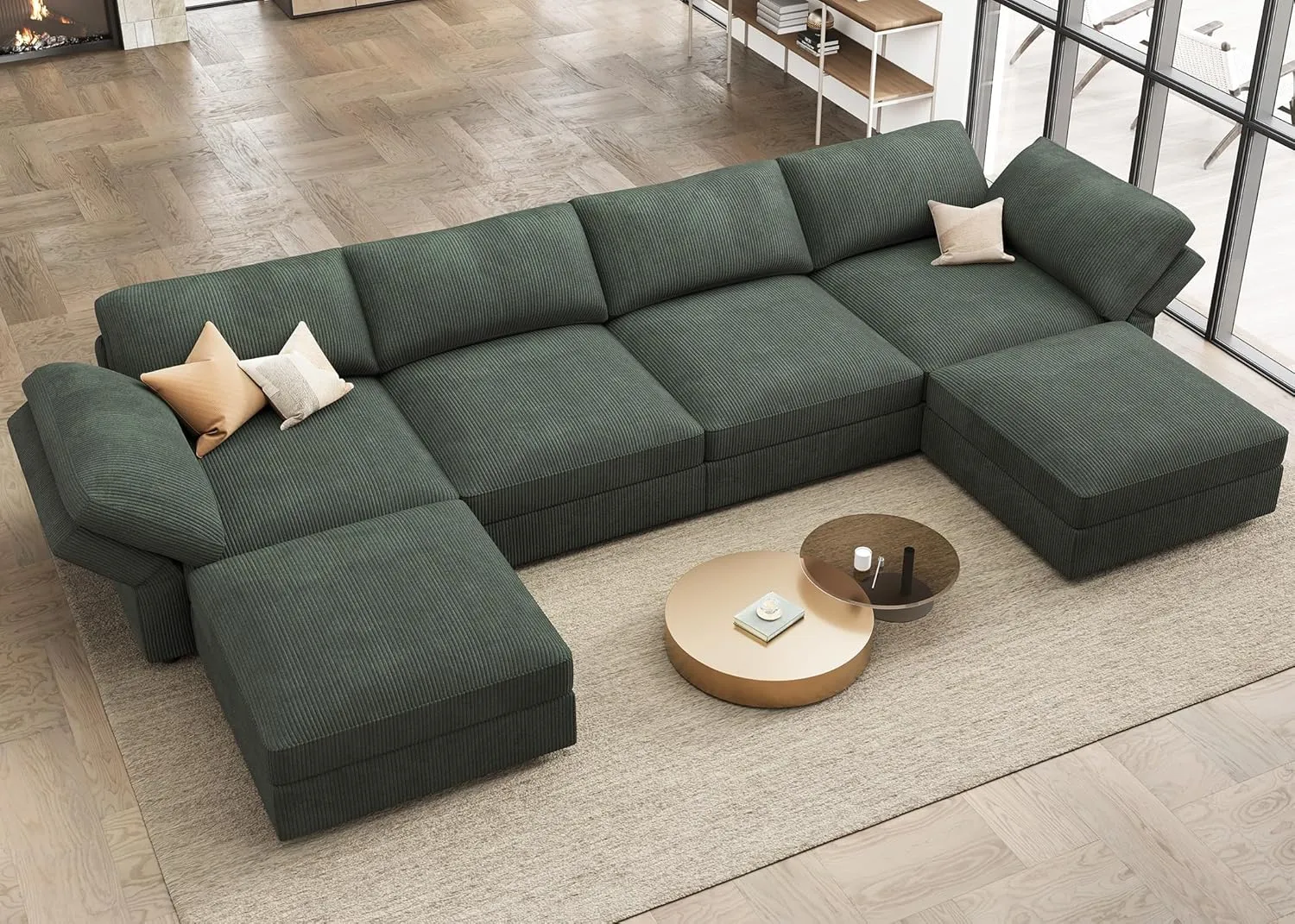 HONBAY Modular Sectional Couch with Storage Corduroy Sectional Sofa with Chaise U Shaped Sectional Couches for Living Room,Green