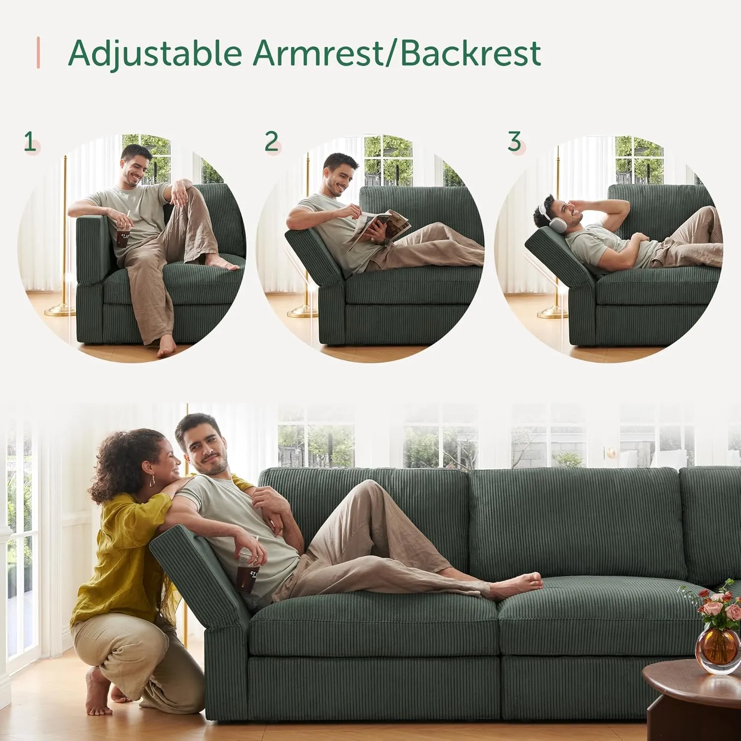HONBAY Modular Sectional Couch with Storage Corduroy Sectional Sofa with Chaise U Shaped Sectional Couches for Living Room,Green