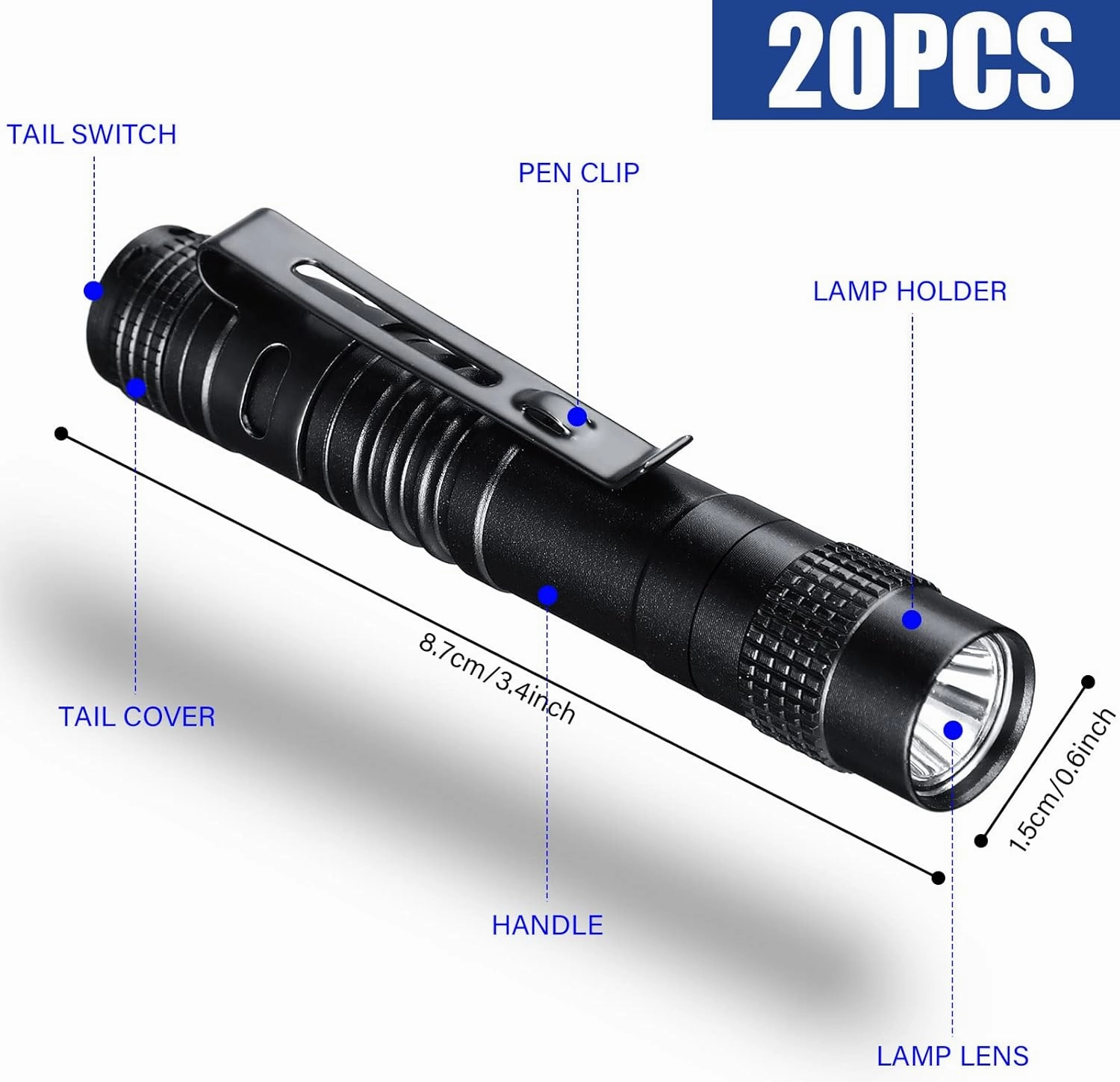 Hortsun 20 Pcs Mini Pen Light Flashlights Fathers Day Gifts Pocket Flashlights Pen with Clip Small LED Handheld Slim Torches Without Battery(3.54 Inch,Black)
