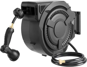 Hose Reel 1/2 in x 100 ft, 180° Swivel Wall-Mounted Garden Hose Reel, Hose Reels for Outside Lock at Any Length, Slow Return System Retractable Hose, Water Hose Reel with 10-Pattern Nozzle, Black