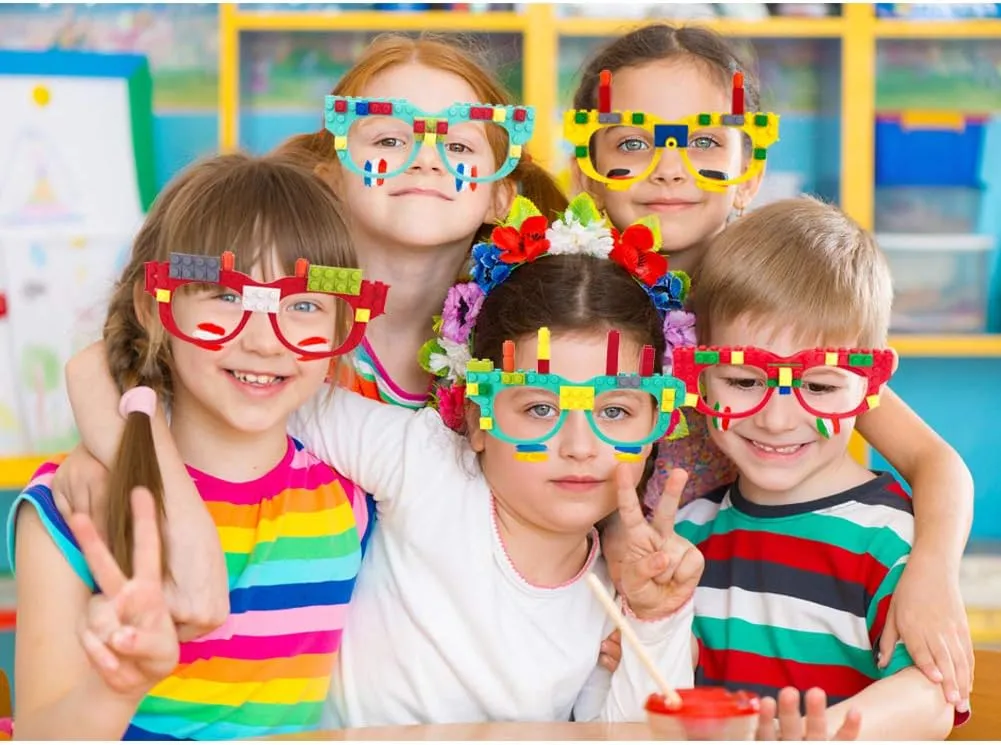 Hxezoc 12 Pcs DIY Building Bricks Glasses Building Blocks Games for Kids Creative Building Block Birthday Party Supplies