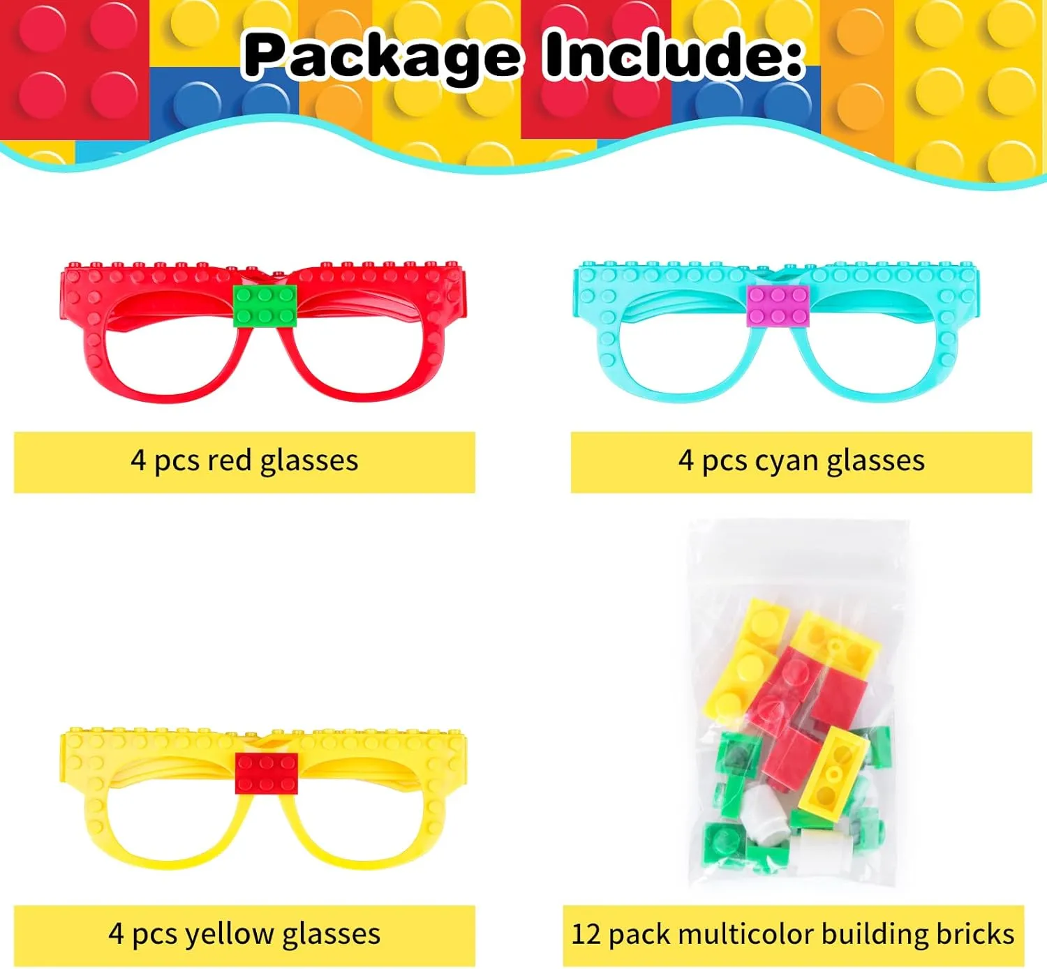 Hxezoc 12 Pcs DIY Building Bricks Glasses Building Blocks Games for Kids Creative Building Block Birthday Party Supplies