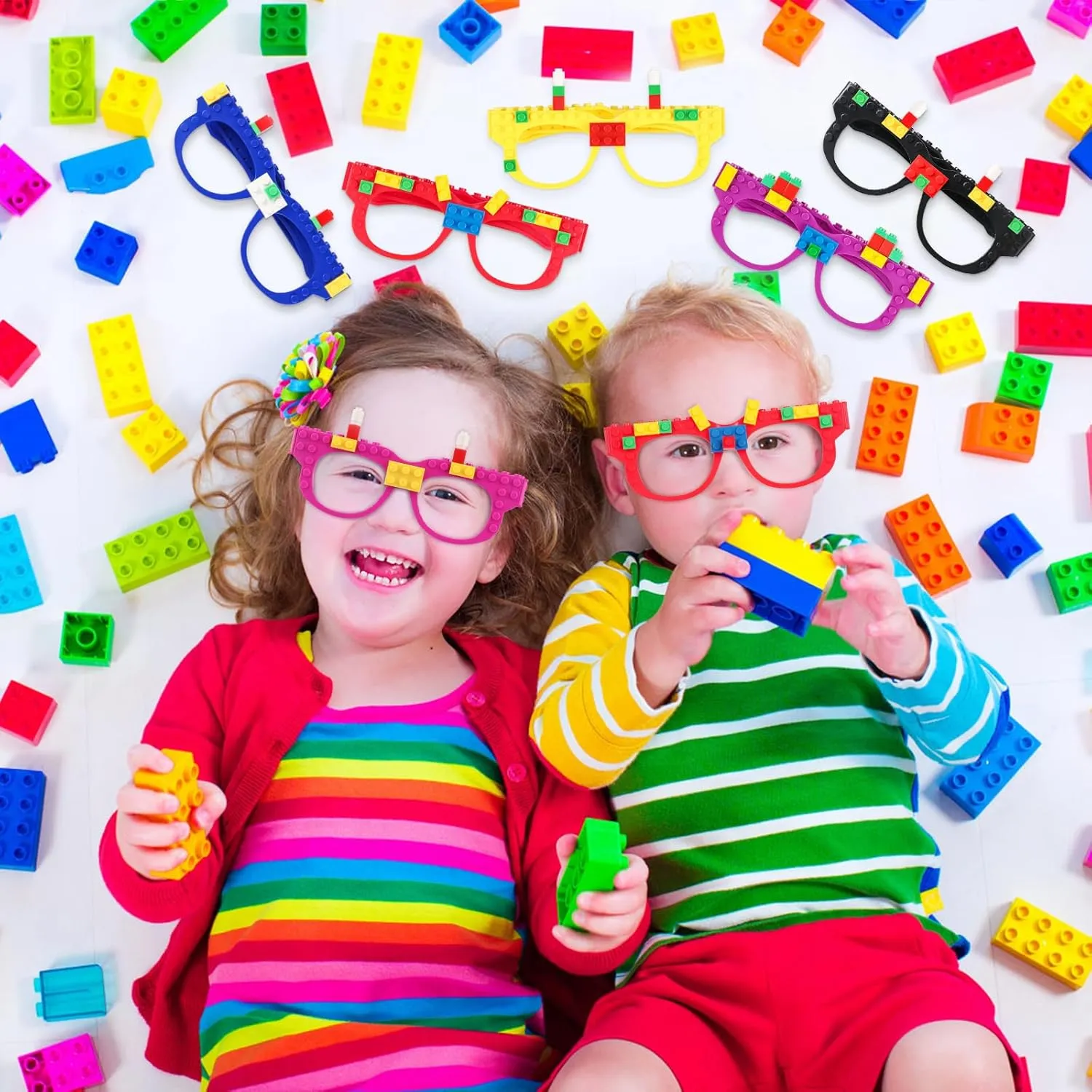 Hxezoc 12 Pcs DIY Building Bricks Glasses Building Blocks Games for Kids Creative Building Block Birthday Party Supplies