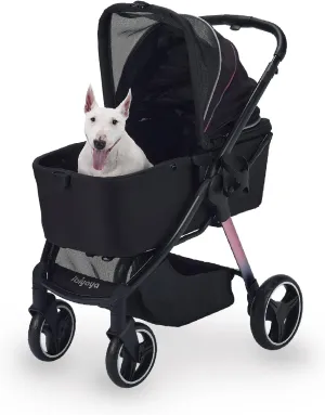 ibiyaya - Retro Luxe - Dog Stroller for Medium Dogs, Large and Small Dogs - One-Step Folding, Heavy Duty Zipperless Design with Adjustable Handle - Black