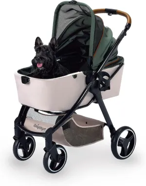 ibiyaya - Retro Luxe - Dog Stroller for Medium Dogs, Large and Small Dogs - One-Step Folding, Heavy Duty Zipperless Design with Adjustable Handle - Soft Sage Color