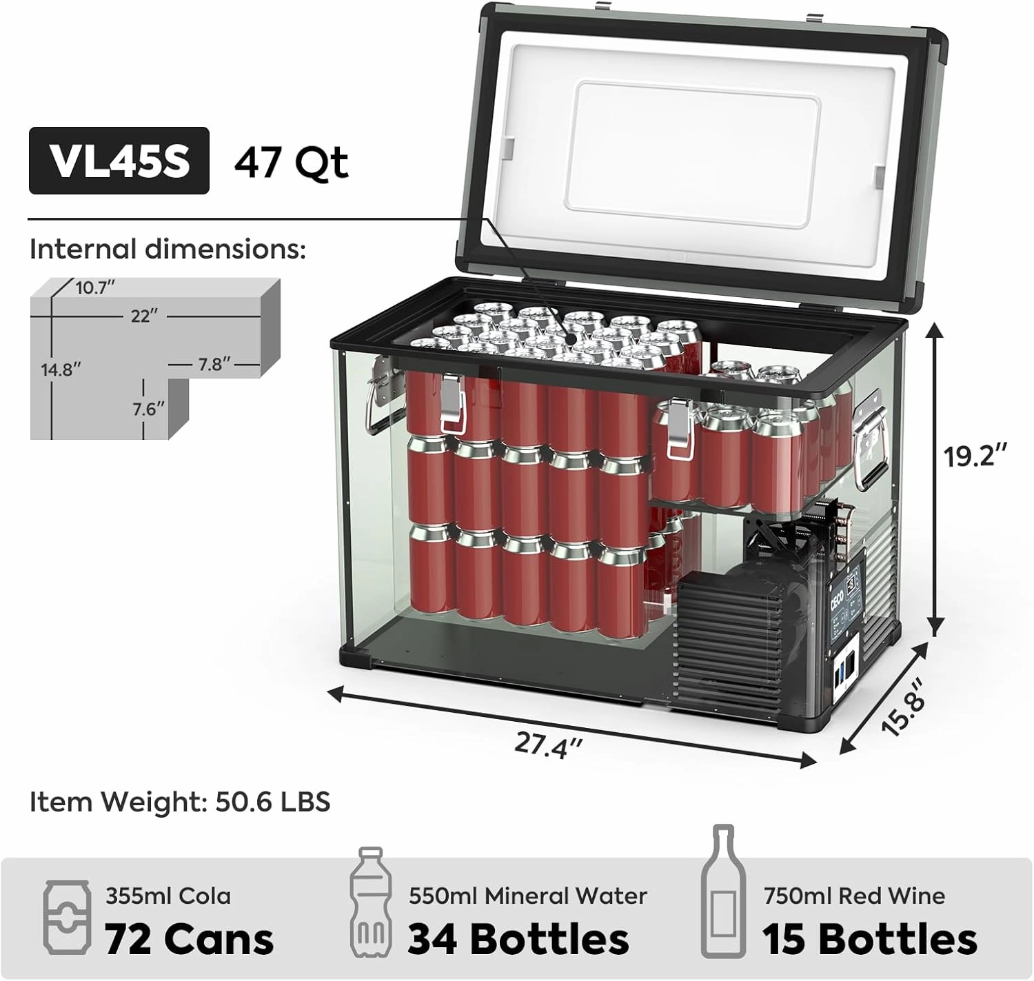 ICECO VL45 Portable Refrigerator with SECOP Compressor, 45Liters Platinum Compact Refrigerator, DC 12/24V, AC 110-240V, 0℉ to 50℉, Home & Car Use (Without Insulated Cover)