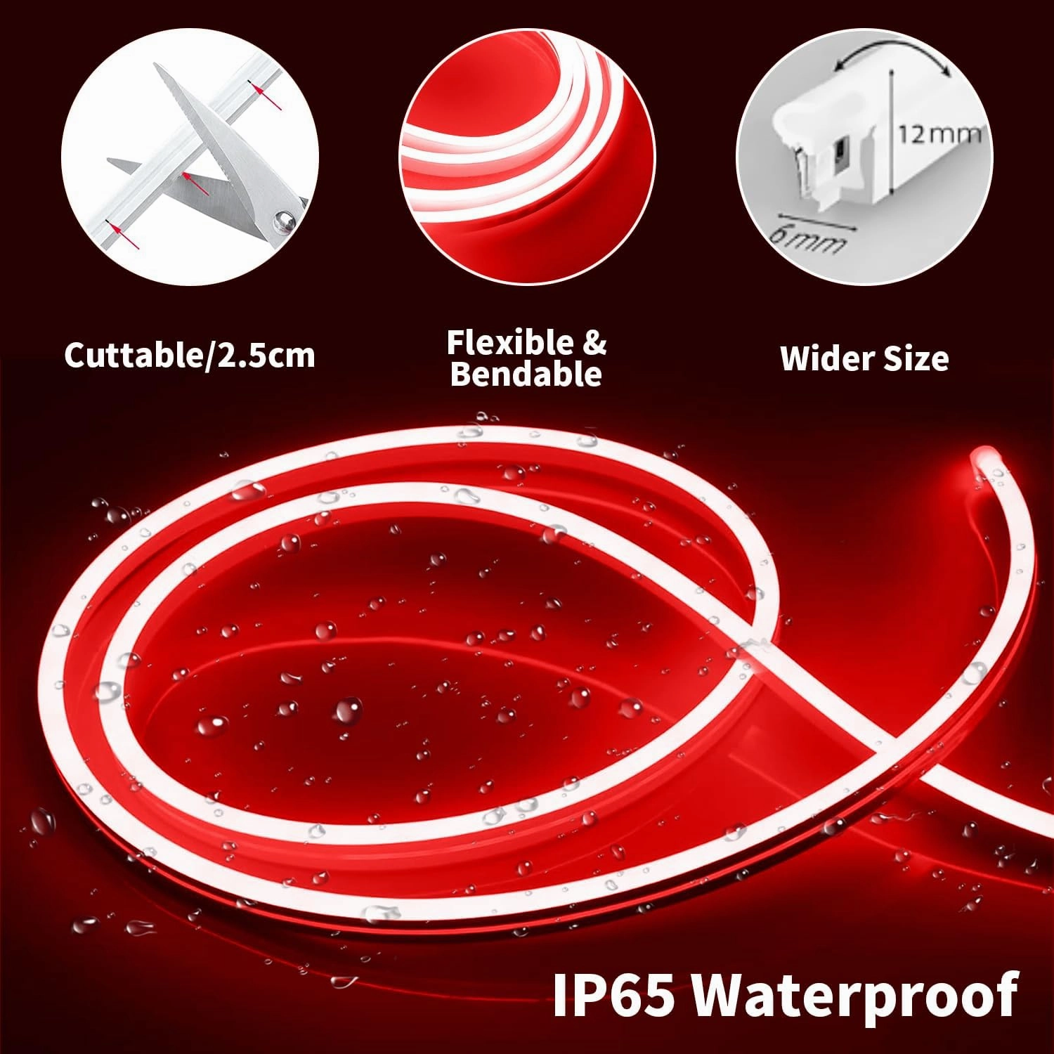 iNextStation Red Led Strip Lights, 16.4Ft/5m Neon Led Light Strip with Power Adapter, 12V Waterproof Silicone Flex LED Neon Rope Lights for Bedroom Wall Festival Party Sign DIY Decor