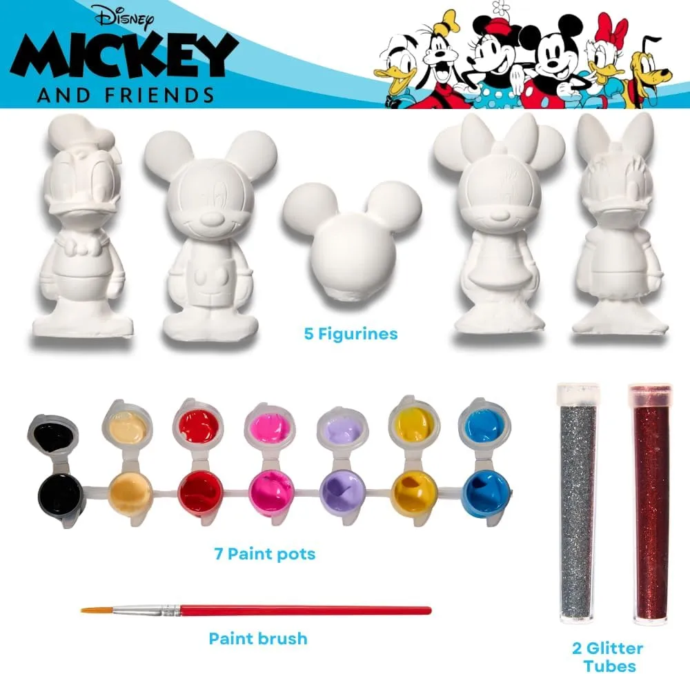 Innovative Designs Disney Mickey and Friends DIY Paint Your Own Figurines Arts and Crafts Set for Kids, Paint, Paint Brush, and Glitter – Mickey Mouse, Minnie Mouse, Daisy and Donald Duck