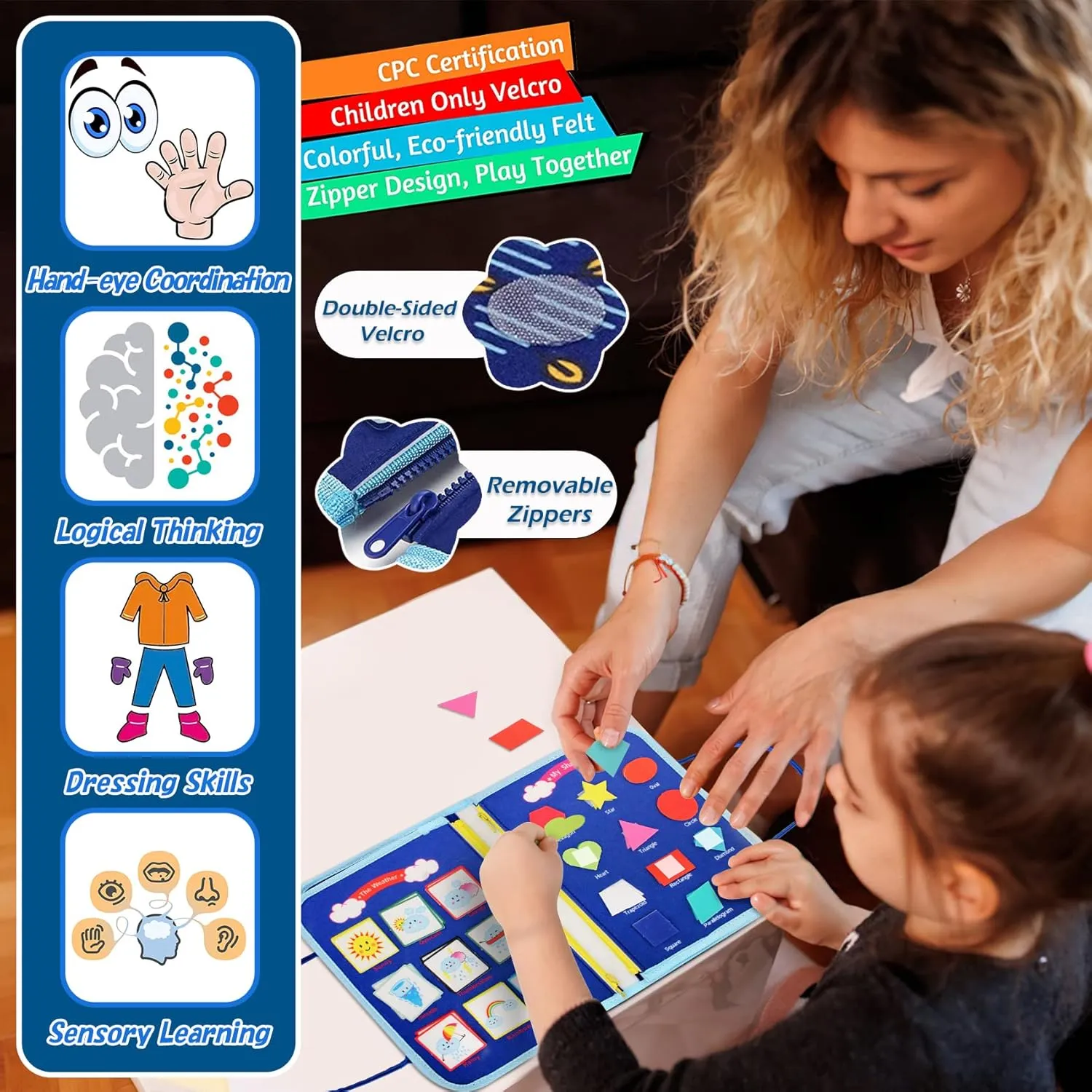 iooo Toddler Busy Board Montessori Toys for 1 2 3 4 Year Old, Sensory Board with Buckles Educational Activities for Learning Fine Motor Skills, Gifts Toy for Girls Boys for Airplane Car (Blue-5)