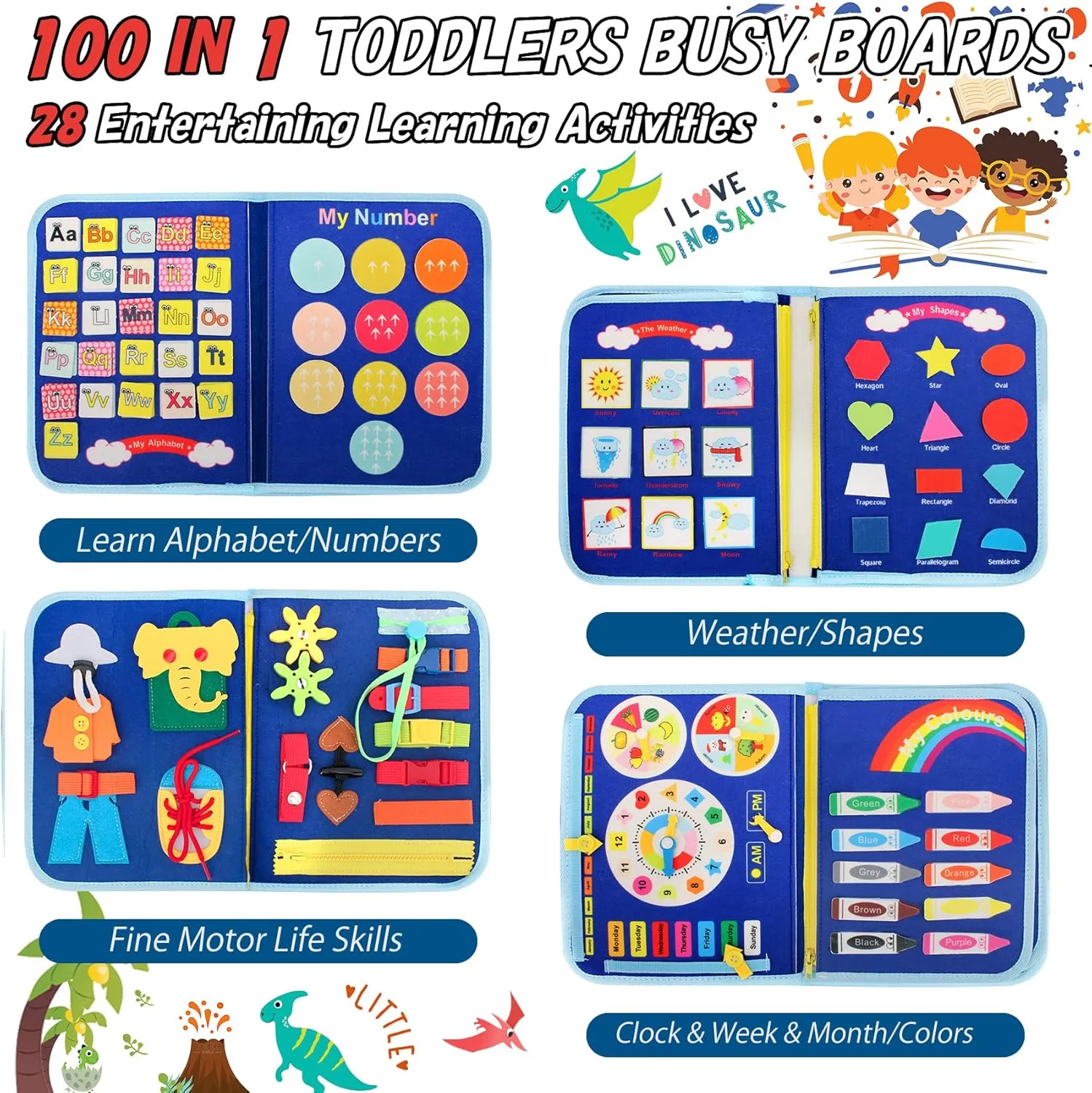 iooo Toddler Busy Board Montessori Toys for 1 2 3 4 Year Old, Sensory Board with Buckles Educational Activities for Learning Fine Motor Skills, Gifts Toy for Girls Boys for Airplane Car (Blue-5)