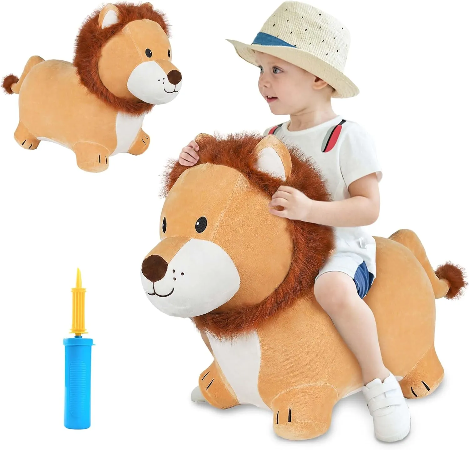 iPlay, iLearn Bouncy Pals Lion Hopper Toy, Toddler Plush Bouncing Animal, Inflatable Ride on Bouncer W/Pump, Indoor Outdoor Hopping Horse, Kid Jumping Toy, Birthday Gift for 2 3 4 5 Year Old Boy Girl