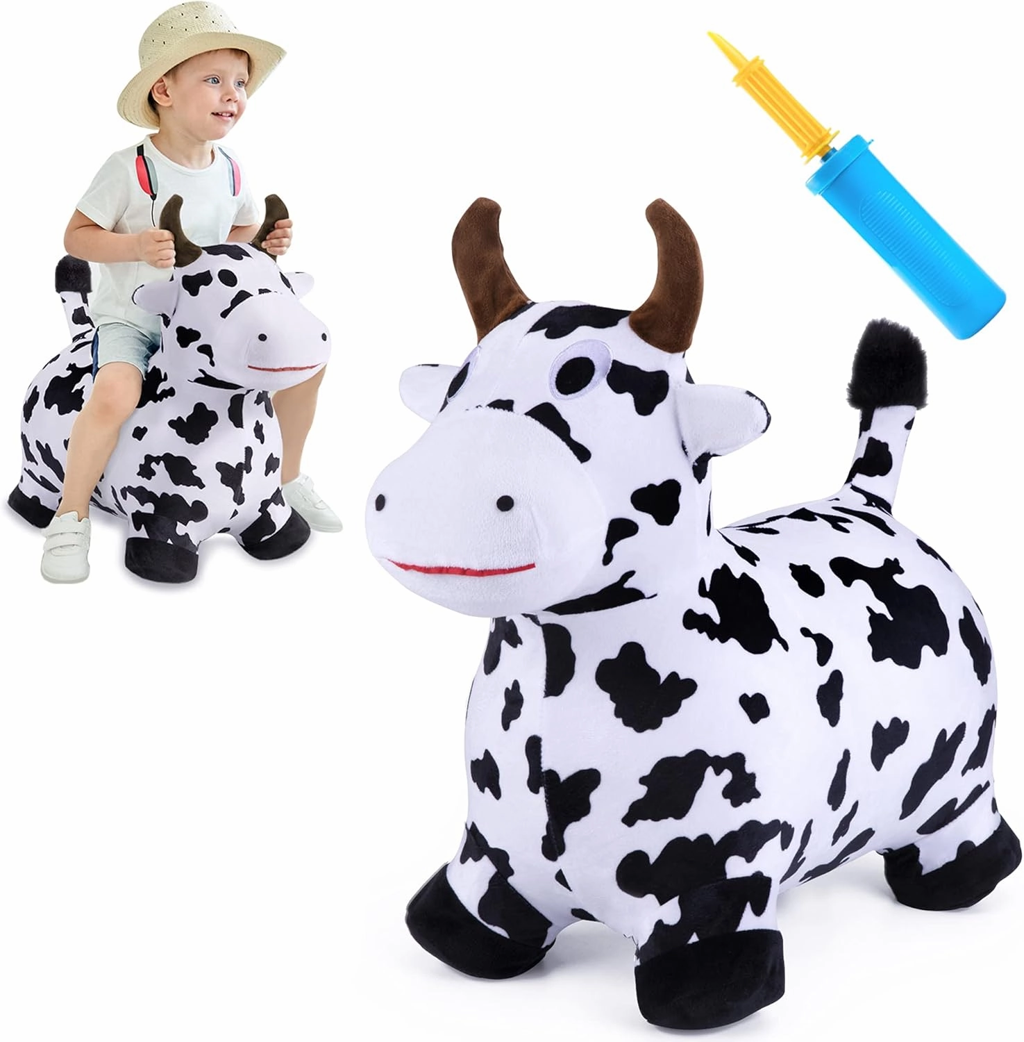 iPlay, iLearn Bouncy Pals Hopping Cow Horse, Toddler Girl Boy Inflatable Bouncing Animal Hopper Toy, Outdoor Indoor Plush Ride on Bouncer, Baby Birthday Gift 18 Month 2 3 4 Year Old Kid - Cow