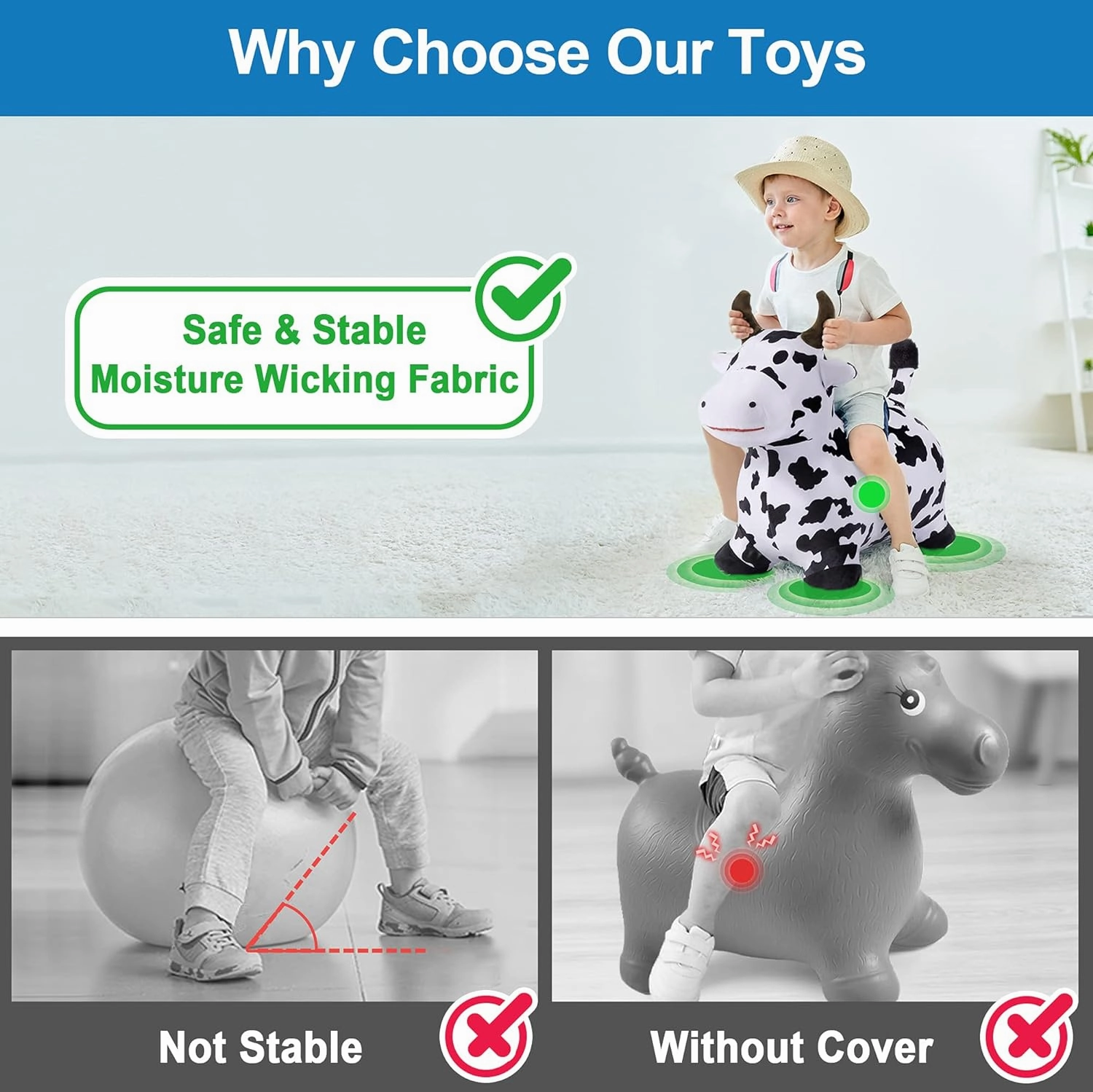 iPlay, iLearn Bouncy Pals Hopping Cow Horse, Toddler Girl Boy Inflatable Bouncing Animal Hopper Toy, Outdoor Indoor Plush Ride on Bouncer, Baby Birthday Gift 18 Month 2 3 4 Year Old Kid - Cow
