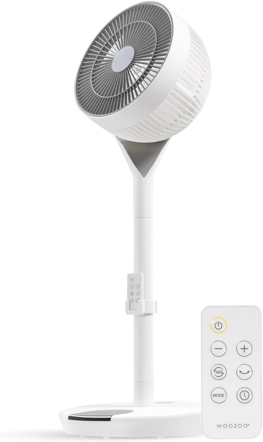 IRIS USA WOOZOO, Pedestal Standing Fan with Remote, 360 Oscillating, 12 Speeds, Low Noise DC Motor, 8h Timer, Touch Panel, Height Adjustable, White/Gray