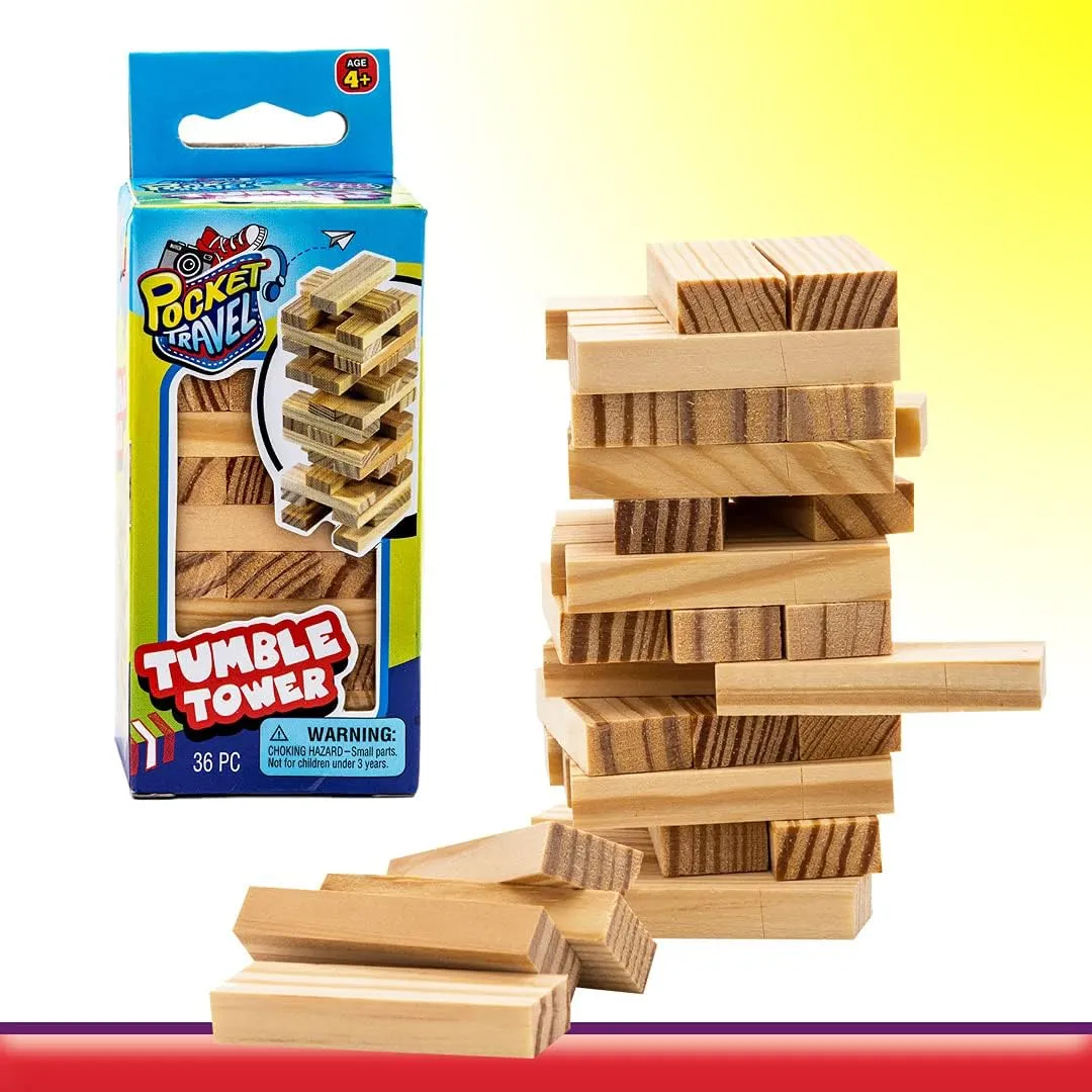 JA-RU Real Wood Mini Tumble Tower Classic Game (12 Sets) Travel Size 4 Inch. Tumbling Tower Stacking Blocks Toy Party Favors Board Games. 3276-12p
