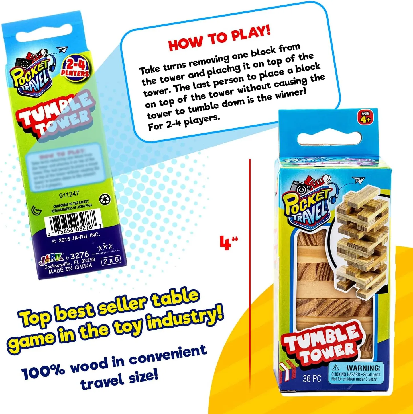 JA-RU Real Wood Mini Tumble Tower Classic Game (12 Sets) Travel Size 4 Inch. Tumbling Tower Stacking Blocks Toy Party Favors Board Games. 3276-12p