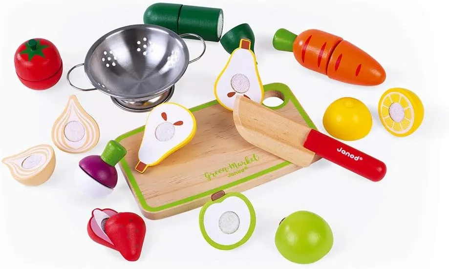 Janod Fruits & Vegetable Maxi Set - Wooden Sliceable Play Food - 13 Piece Set - Ages 3  - J06607