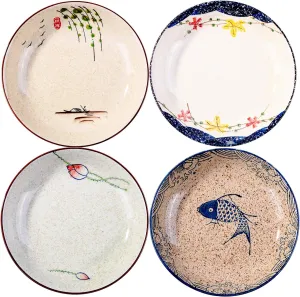 Japanese 8 Inch Retro Dinner Plates Porcelain Plate Set of 4 Ceramic Dishes Microwavable Plates,