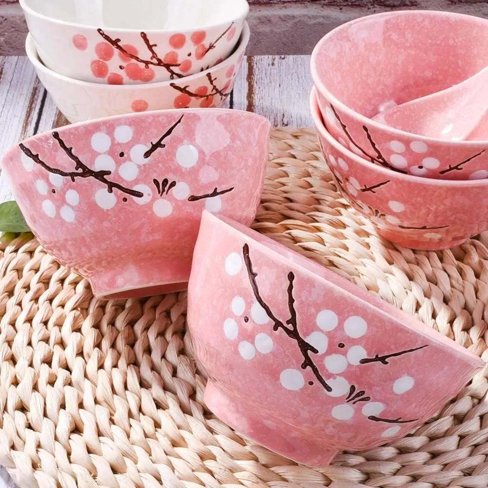 Japanese Rice Bowls Set of 4 - Japanese Style Hand-painted Pink Plum Ceramic Bowls set of 4 for Dessert Snack Cereal Soup