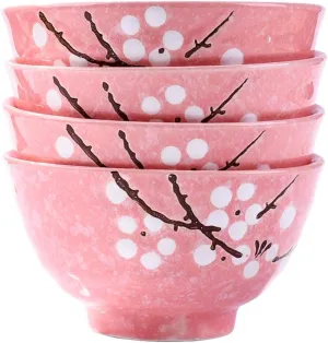 Japanese Rice Bowls Set of 4 - Japanese Style Hand-painted Pink Plum Ceramic Bowls set of 4 for Dessert Snack Cereal Soup