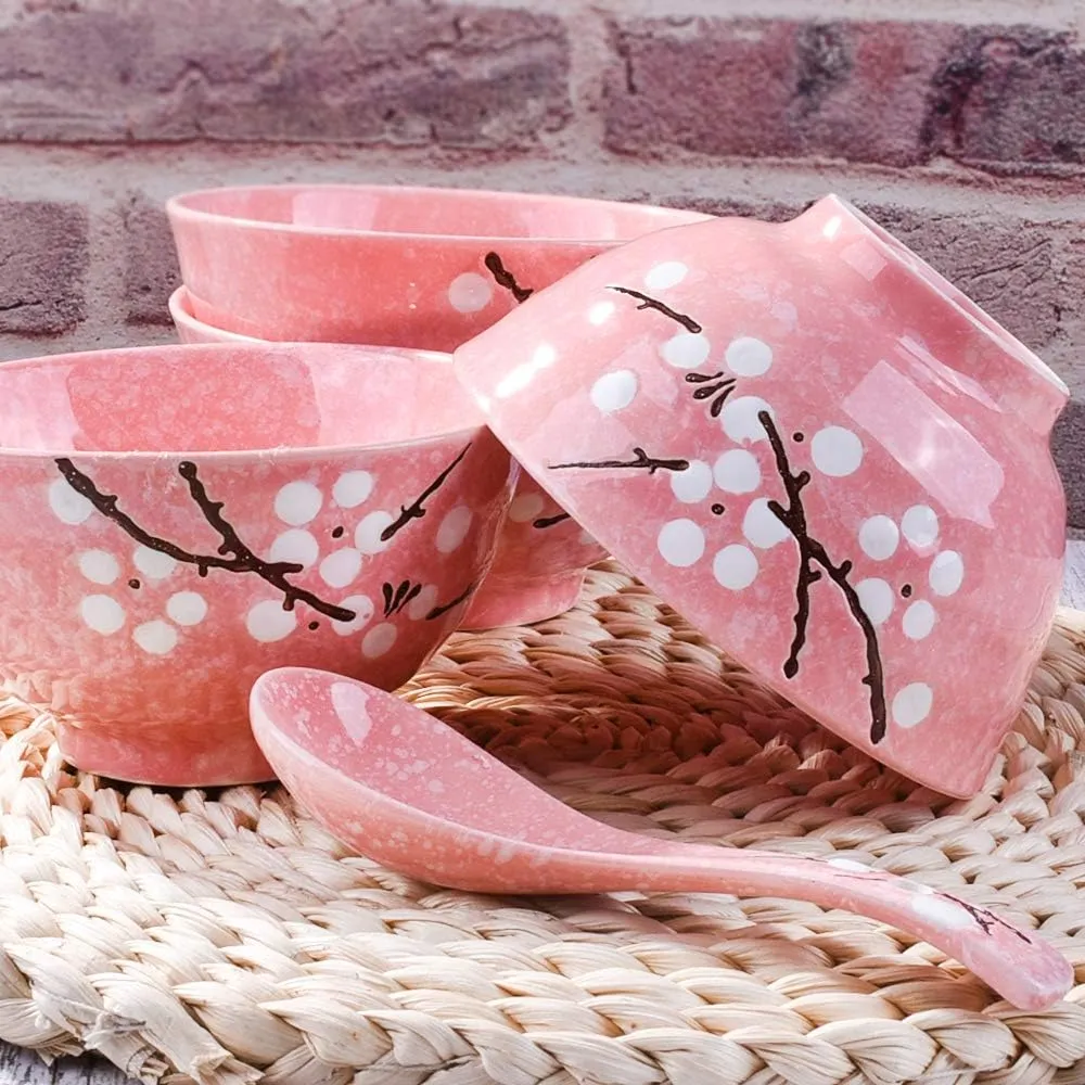Japanese Rice Bowls Set of 4 - Japanese Style Hand-painted Pink Plum Ceramic Bowls set of 4 for Dessert Snack Cereal Soup