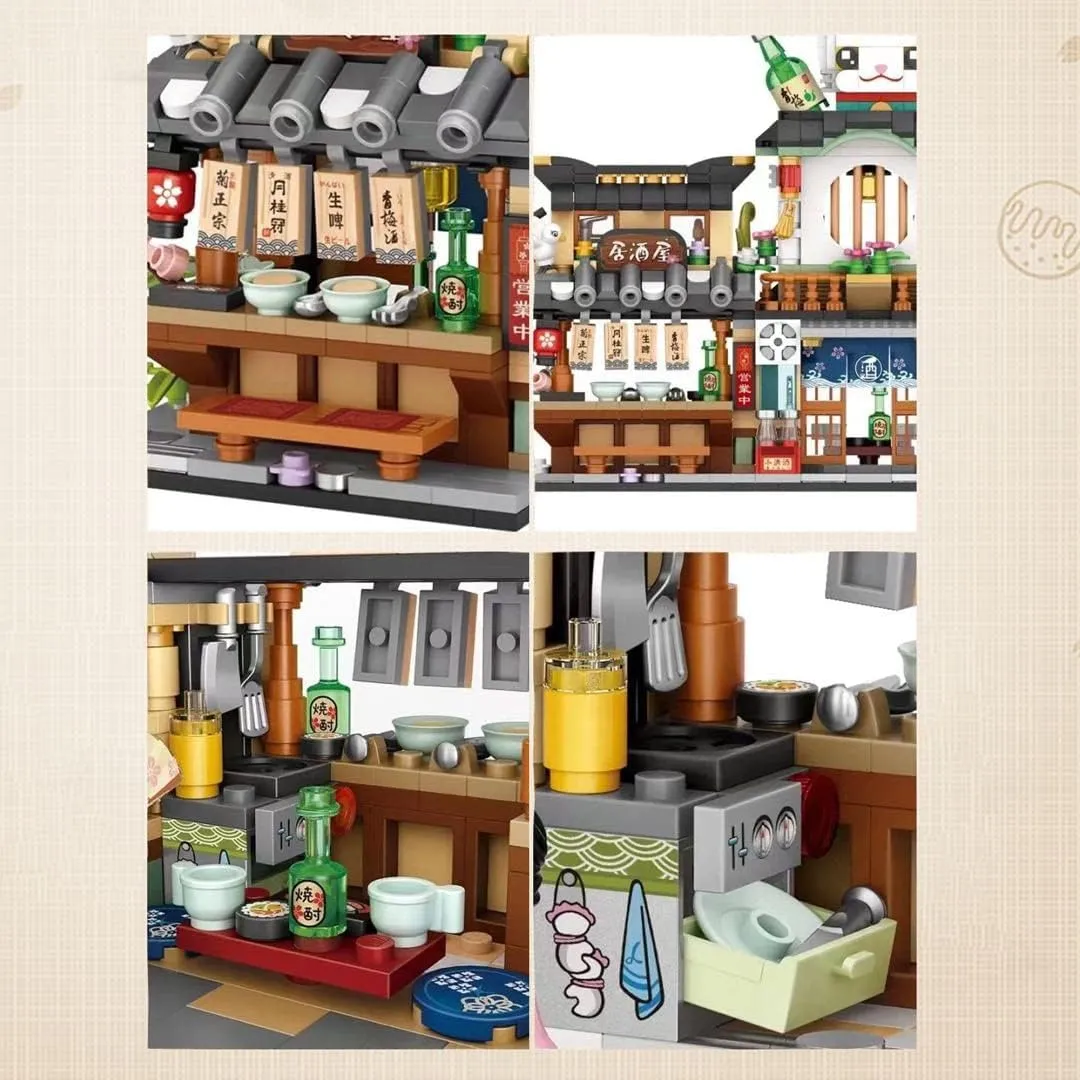 Japanese Street View Izakaya Shop Mini Building Blocks, MOC Creative DIY Simulation Architecture, 789 Pcs Mini Simulation Architecture Construction Toy