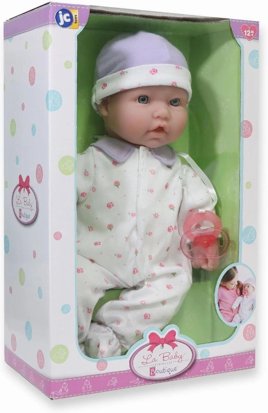 JC Toys - La Baby | Caucasian 16-inch Medium Soft Body Baby Doll | Washable | Removable Purple Outfit w/Hat and Pacifier | for Children 12 Months  