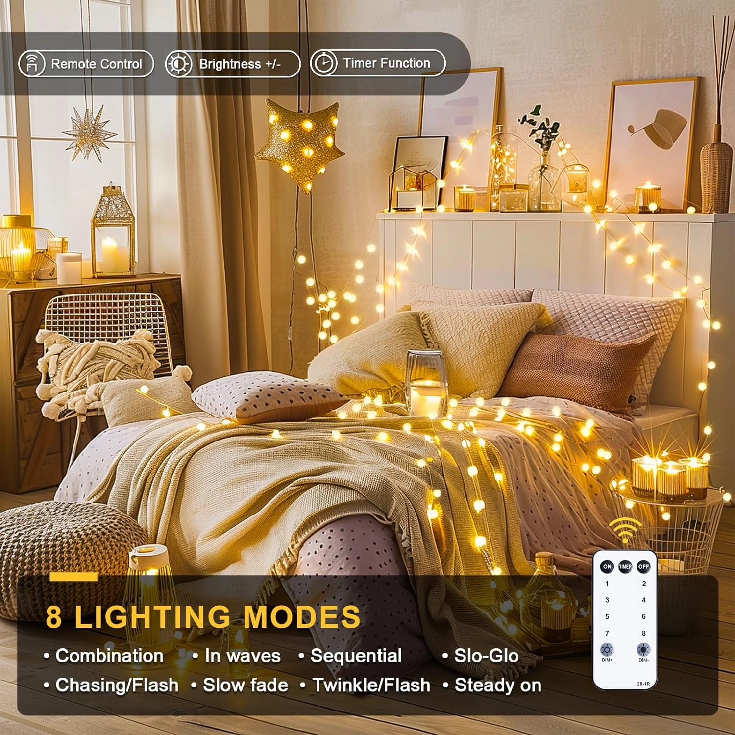 JMEXSUSS 100 LED Connectable Globe String Lights Indoor Bedroom, 33ft Warm White Christmas String Lights Plug in with Remote, 8Mode Hanging Fairy Lights Outdoor for Room Classroom Party Decor