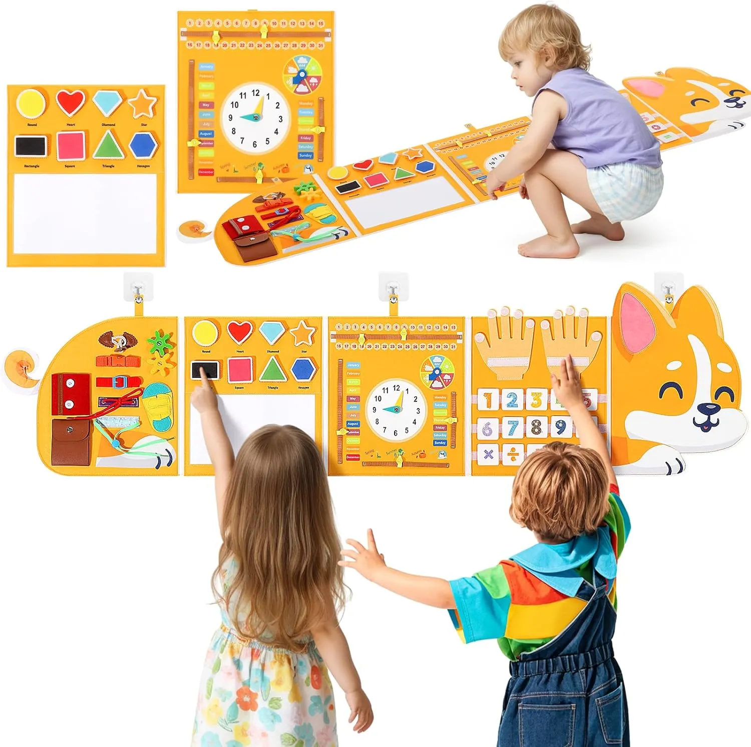 Joyibay Corgi Montessori Busy Board for Toddlers 3-6 Yrs, 14-in-1 Sensory Wall Toy with Calendar Clock Drawing Board, Portable Felt Activity Panel Kid Interactive Toy Ideal Dog Lover Gift