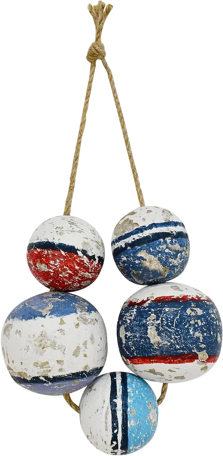 K KILIPES Rustic Wood Fishing Float Hanging Ornaments Beach Wall Decor Decorative Rope Balls Fishing Buoy Coastal Wall Sculpture Nautical Wall Art Decoration for Home Bathroom Living Room Bedroom
