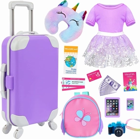 K.T. Fancy 23 pcs American 18 Inch Doll Accessories Suitcase Travel Luggage Play Set for 18 Inch Doll Travel Carrier, Sunglasses Camera Computer Phone Pad Travel Pillow Passport Tickets Cashes