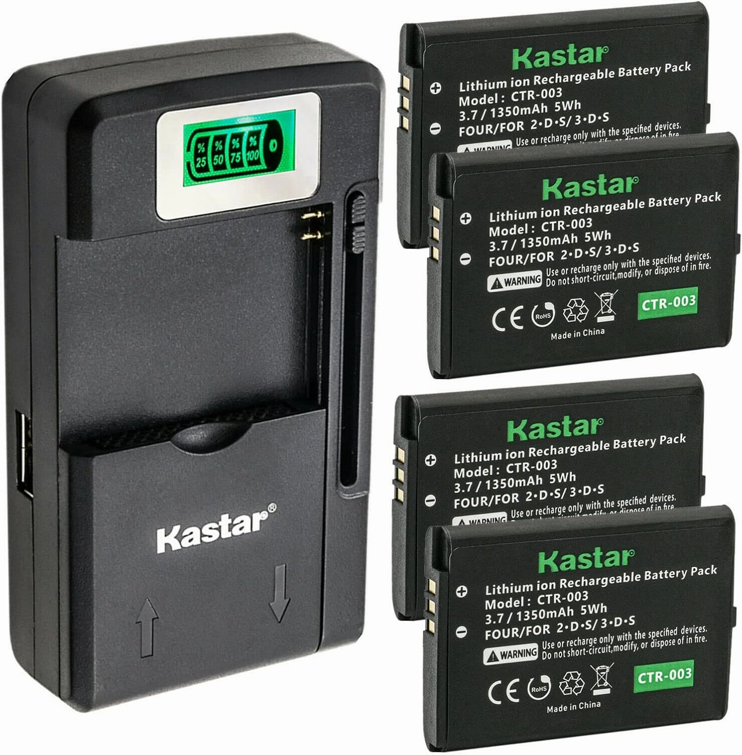 Kastar 4-Pack Battery and LCD USB Charger Compatible with Nintendo 3DS CTR-003 Rechargeable Battery, Nintendo 2DS Game Console, Nintendo 3DS Game Console, Nin 3DS Game Console CTR003