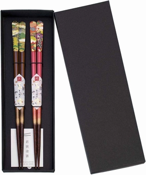 Kawai Japanese Wooden Chopsticks Reusable 2 Pairs in Gift Box, Nippon Scenery Red and Brown [ Made in Japan /Handcrafted ]