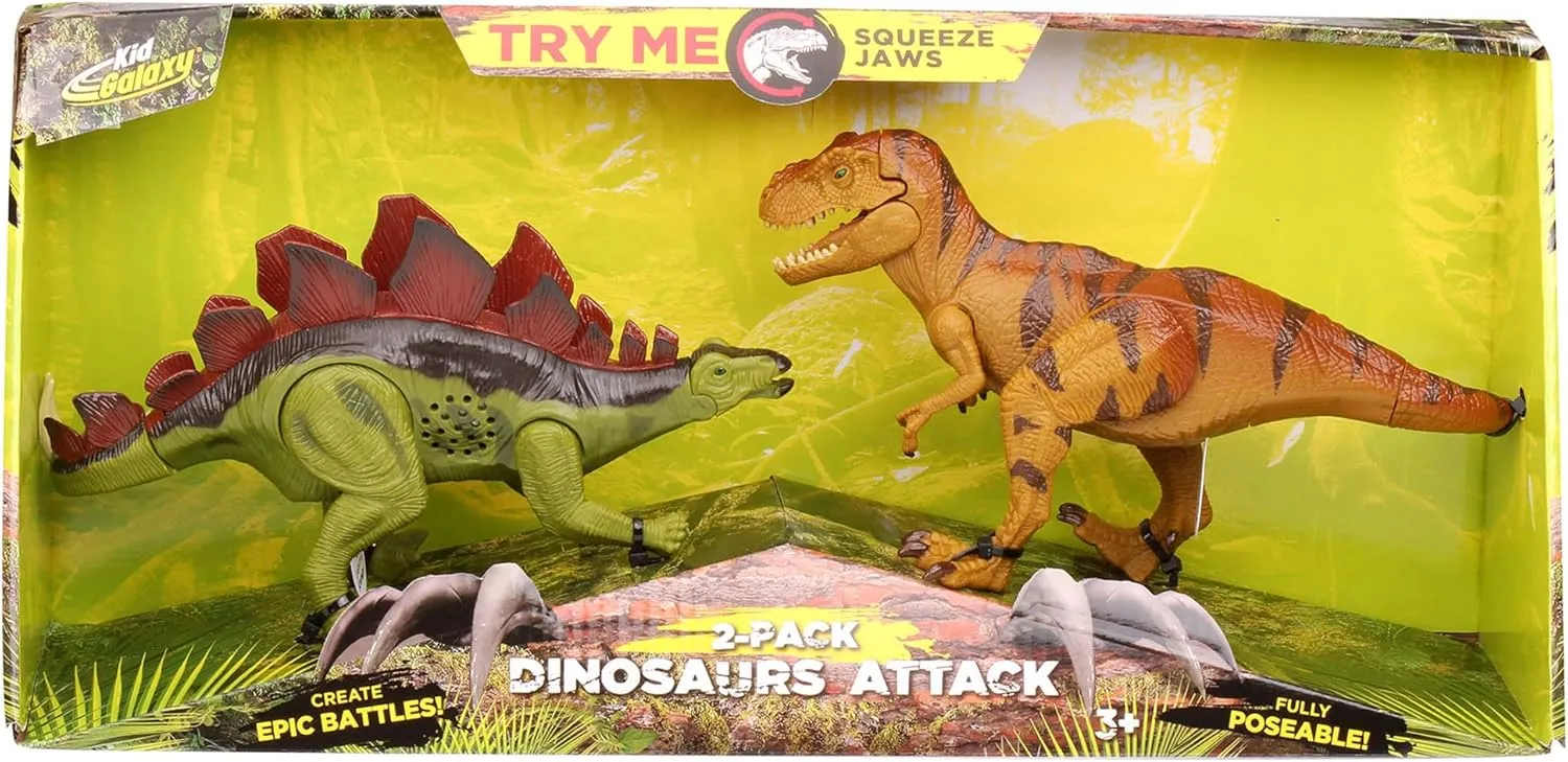 Kid Galaxy: Dinosaur Attack Figures: Lights & Sounds - Stegosaurus & T Rex - 2 Articulated Dino Set, Realistic Posable Toys, Kids Ages 3 