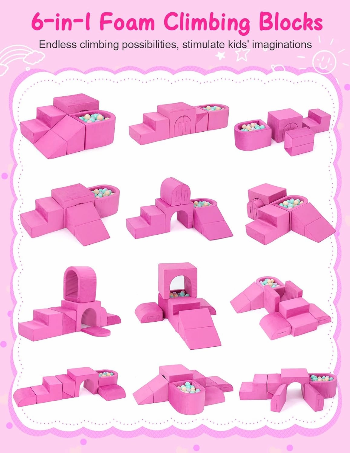 Kidirect Foam Climbing Blocks, 6 Pieces Climbing Toys for Toddlers 1-3 Inside with Baby Ball Pit &Crawling Tunnel, Soft Play Foam Blocks for Toddlers 1-3 Baby Climbing Gym for Kids' Indoor Climbers