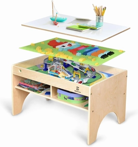 Kids 3-in-1 Wooden Art & Activity Table Playset Furniture with 4 Compartments for Storage, Play Table Compatible with Blocks&Bricks and Train Set for Preschool Toddler Boy & Girl (STD.)