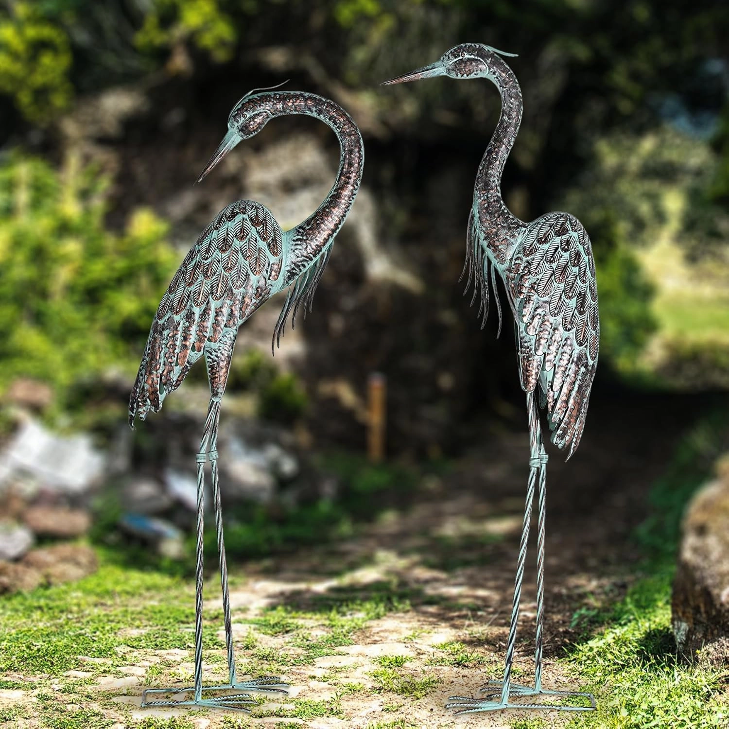 Kircust Garden Crane Statues, Standing Metal Patina Heron Decoy Outdoor Statue, 42-46 Inch Bird Yard Art for Patio Lawn Pond, Set of 2