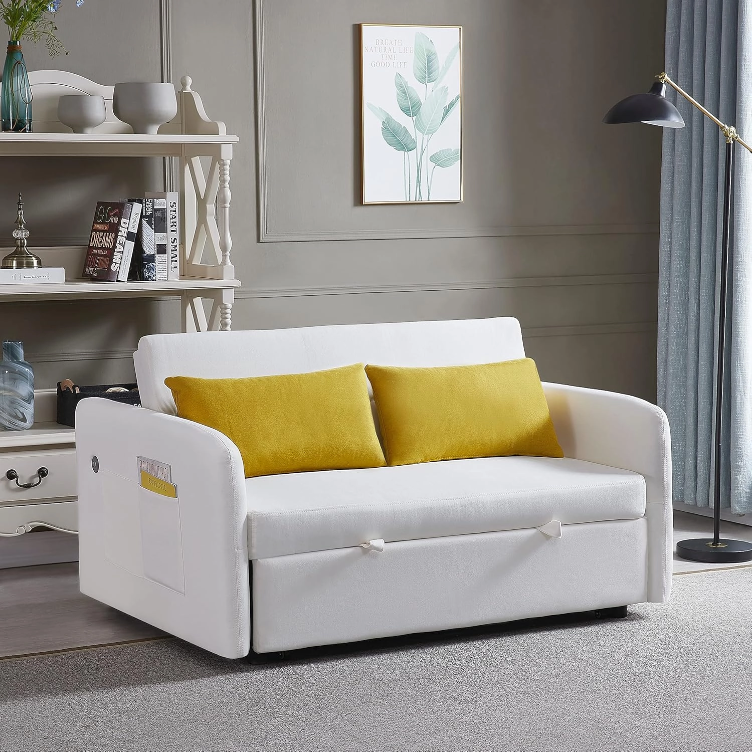 KLMM Modern Convertible Sofa Bed, Multi-Functional Adjustable Lounge Chaise Armchair with Arm Pocket, USB Port and 2 Pillows, Pull Out Bed for Living Room Office (Beige*M*F)