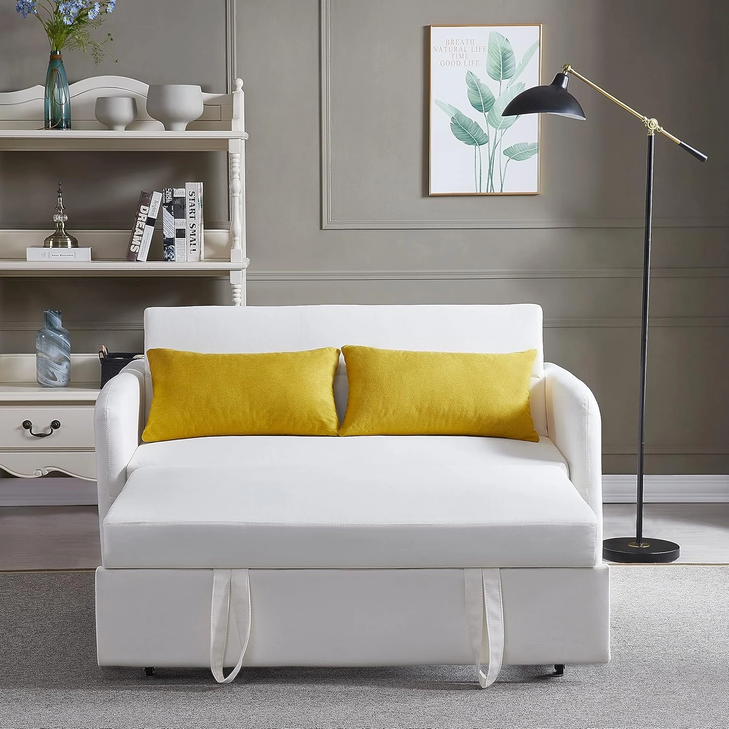 KLMM Modern Convertible Sofa Bed, Multi-Functional Adjustable Lounge Chaise Armchair with Arm Pocket, USB Port and 2 Pillows, Pull Out Bed for Living Room Office (Beige*M*F)