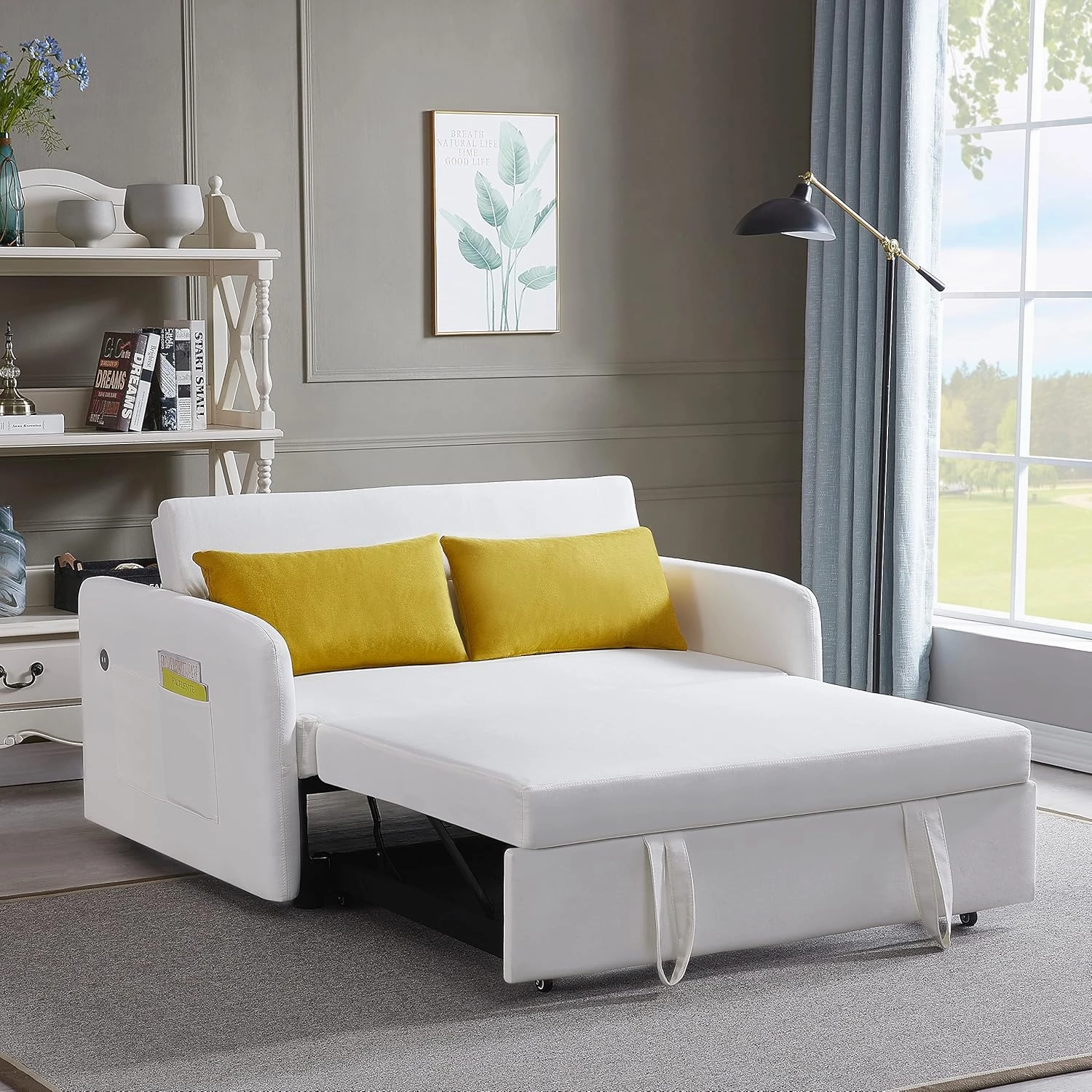 KLMM Modern Convertible Sofa Bed, Multi-Functional Adjustable Lounge Chaise Armchair with Arm Pocket, USB Port and 2 Pillows, Pull Out Bed for Living Room Office (Beige*M*F)